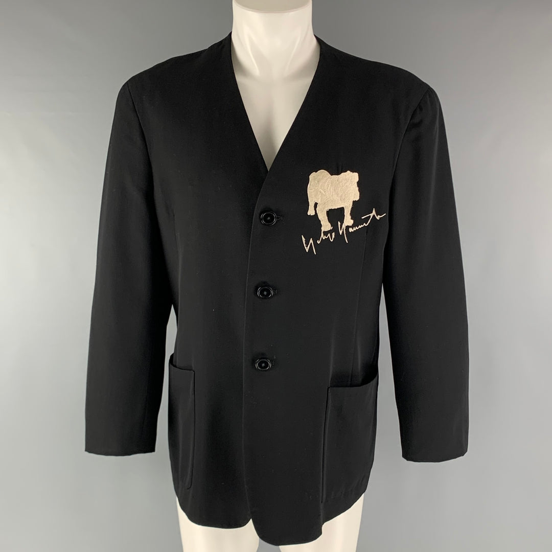 YOHJI YAMAMOTO HOMME Size S SS90 Black Dog Embroidery Wool Collarless Jacket