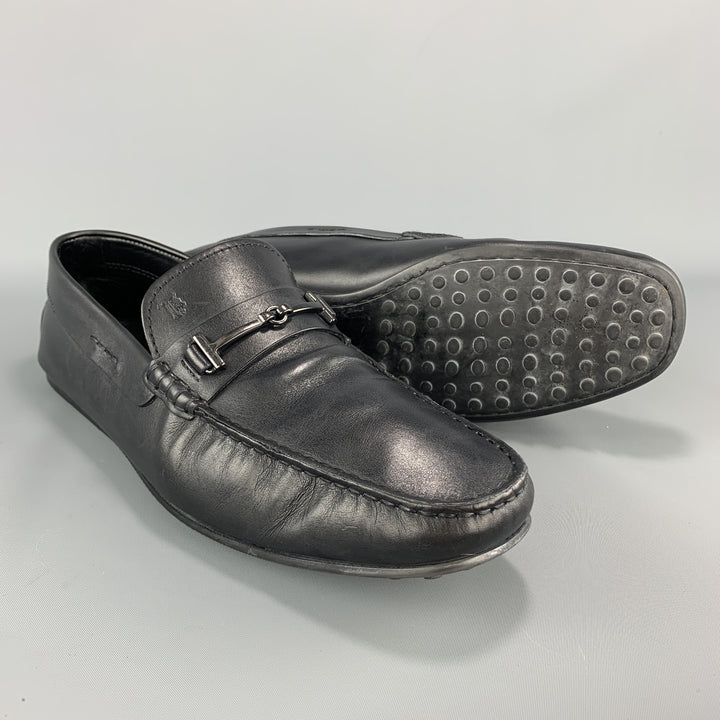 TOD'S Size 10 Black Leather Metal Horsebit  Driver Sole Loafers