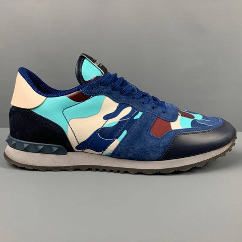 VALENTINO Size 12 Blue Multi-Color Camo Leather Rockrunner Sneakers