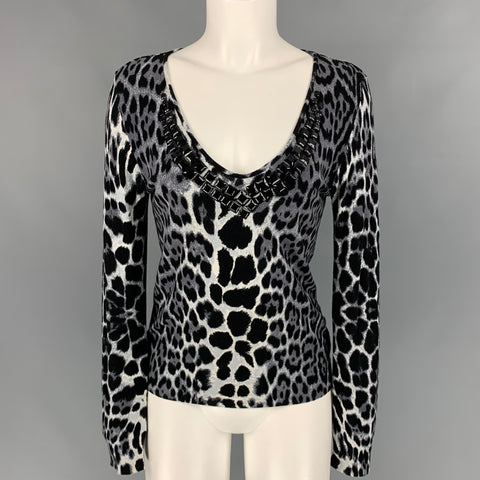 BLUMARINE Size 8 Grey & Black Animal Print Jersey Pullover