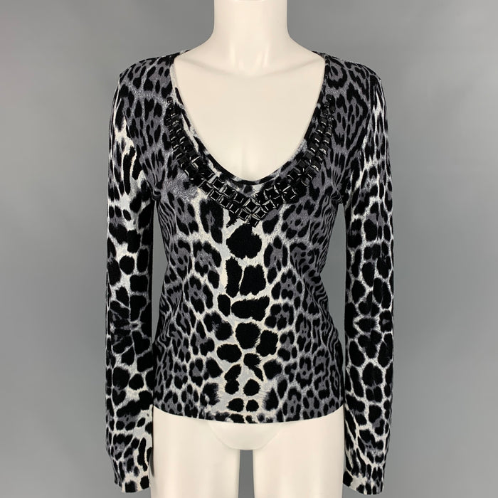 BLUMARINE Size 8 Grey & Black Animal Print Jersey Pullover