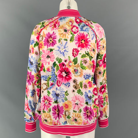 ESCADA Size 4 White & Fuchsia Floral Viscose Oversized Bomber Jacket