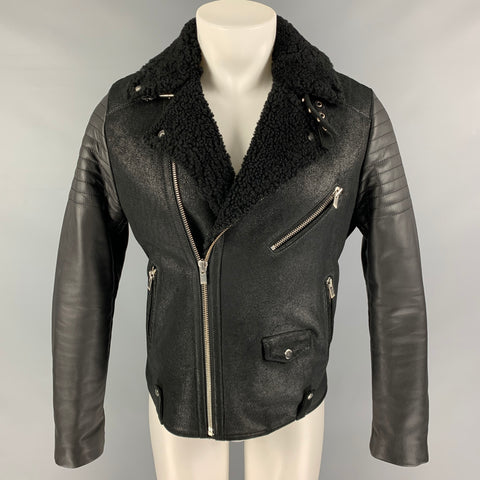 THE KOOPLES Size M Black Shearling Leather Biker Jacket