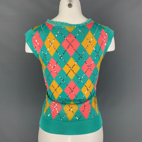 Iisli Size S Turquoise, Yellow & Orange Argyle Rayon Sleeveless Pullover