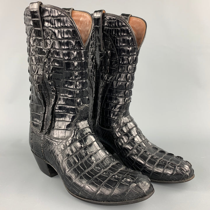 AMMONS Size 9.5 Black Full Hornback Alligator Pull On Cowboy Boots
