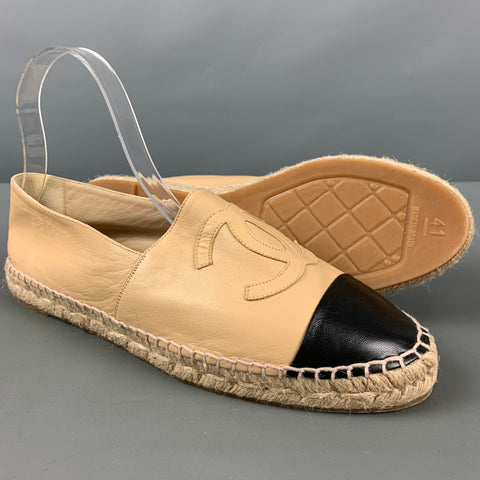 CHANEL Size 11 Beige Black Leather Lamb Skin Espadrille Flats