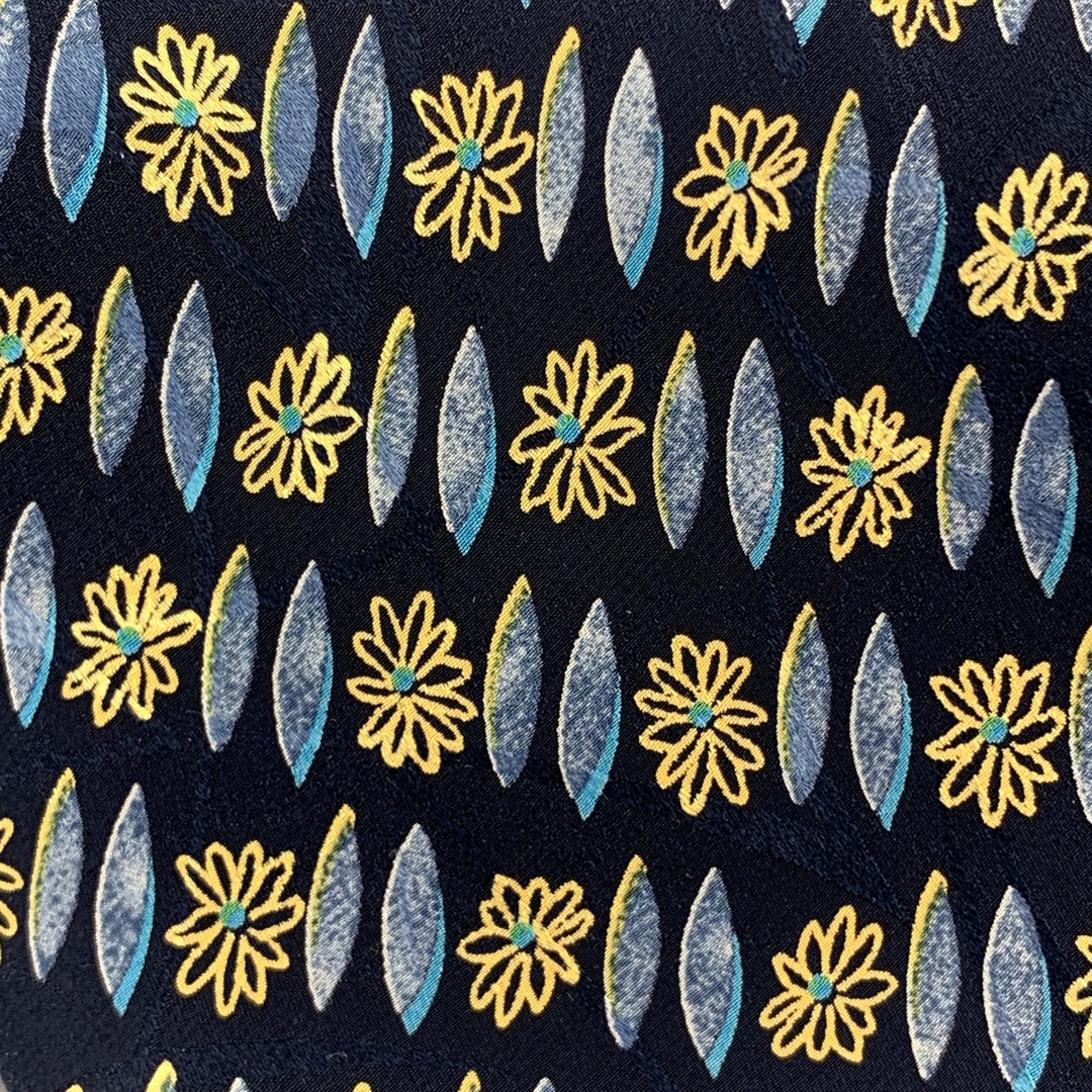 BRIONI Navy Blue & Yellow Flower Print Silk Tie