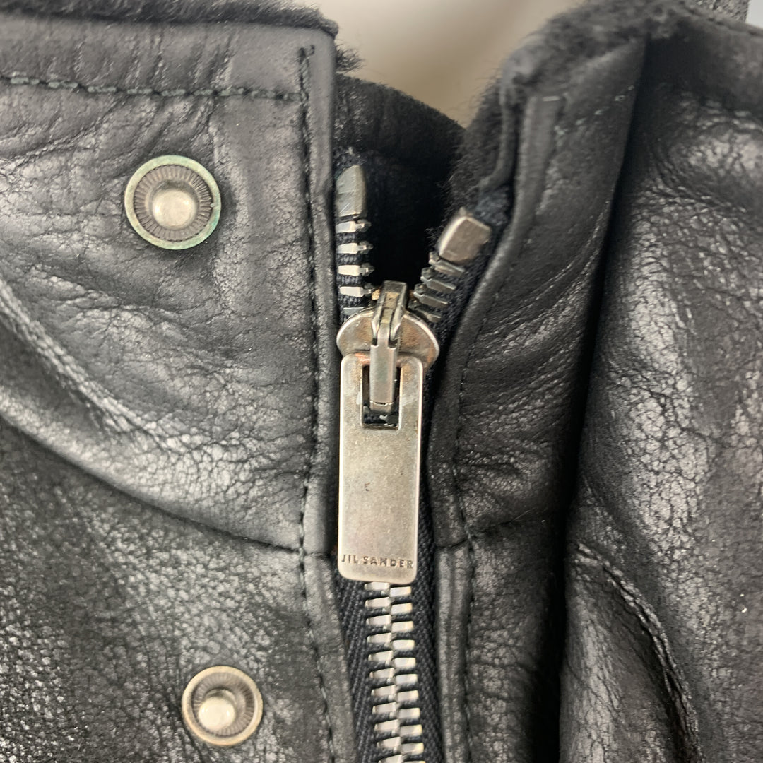 JIL SANDER Size 42  Black Shearling Leather High Collar Zip Up Jacket