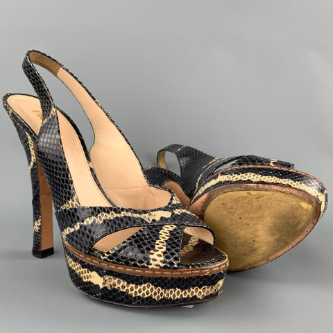 PRADA Size 8 Black & Beige Snake Skin Slingback Platform Sandals