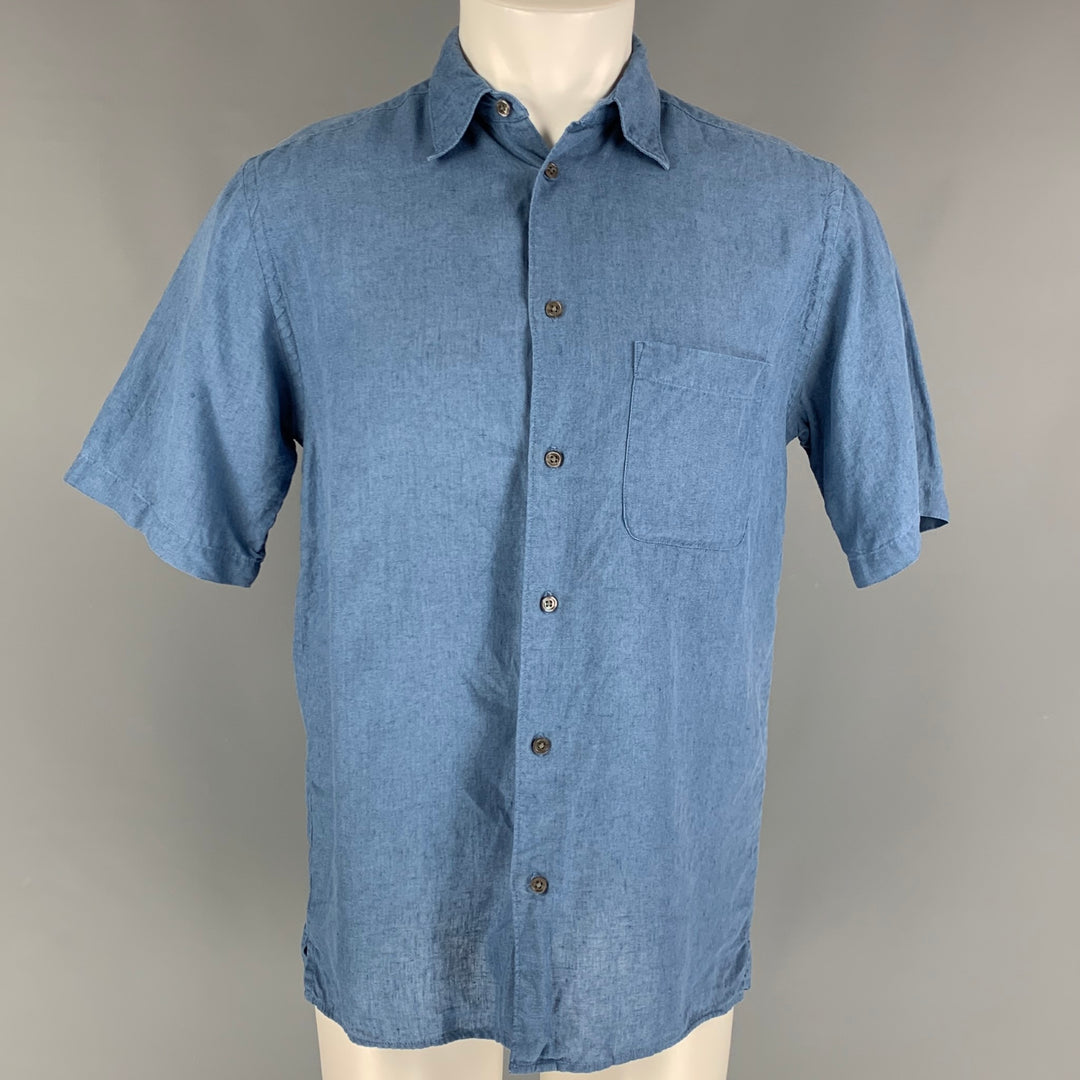BRANDINI Size S Blue Linen Short Sleeve Shirt