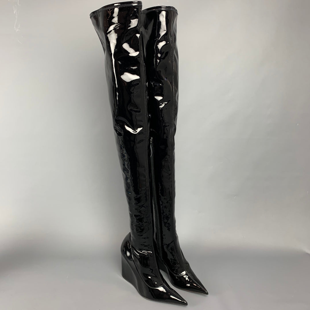 AMINA MUADDI Danielle Size 7.5 Black Patent Leather Knee High Boots