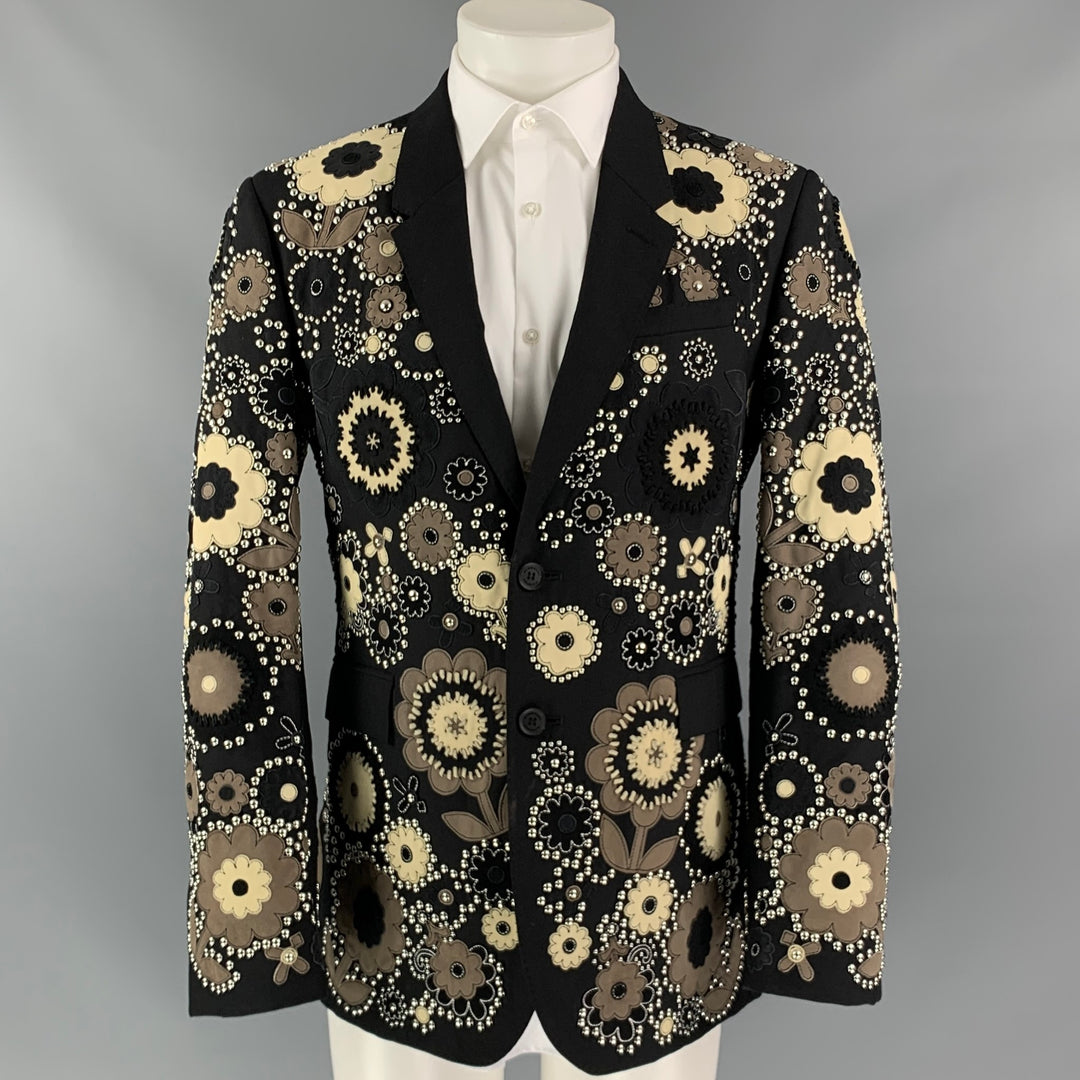 BURBERRY PRORSUM Spring 2016 Size 40 Regular Black & Cream Embellished Floral Sport Coat