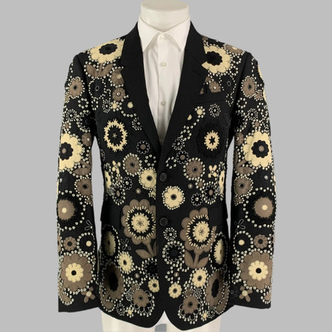 BURBERRY PRORSUM Spring 2016 Size 40 Regular Black & Cream Embellished Floral Sport Coat