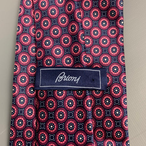 BRIONI Burgundy & Navy Circle Print Silk Tie