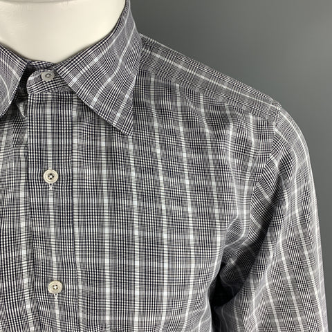 TOM FORD Size M Blue & Grey Plaid Cotton Pointed Collar Button Up Long Sleeve Shirt