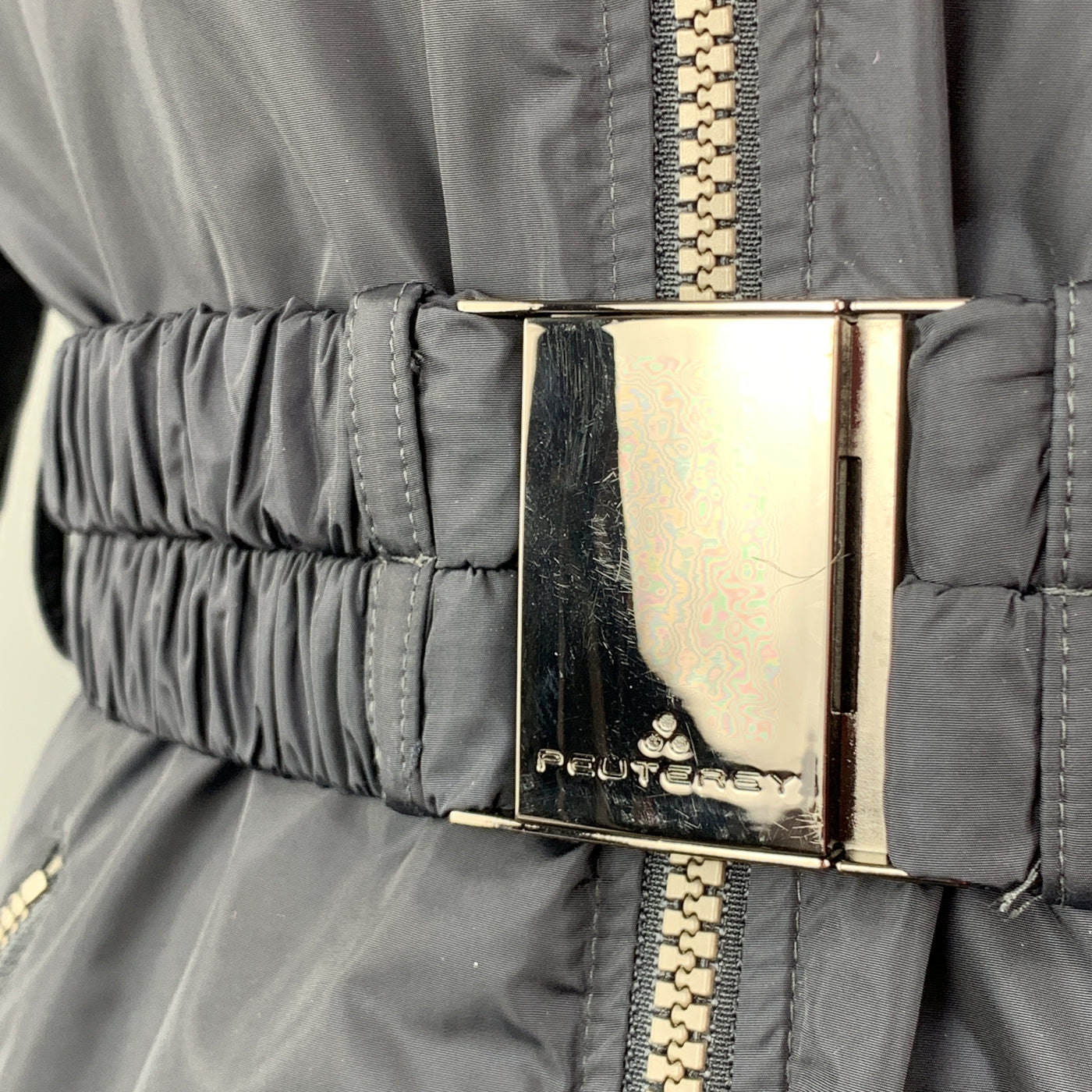 PEUTEREY Size XL Navy Polyamide Quilted Down Filled  Faux Fur Reversible Long Coat
