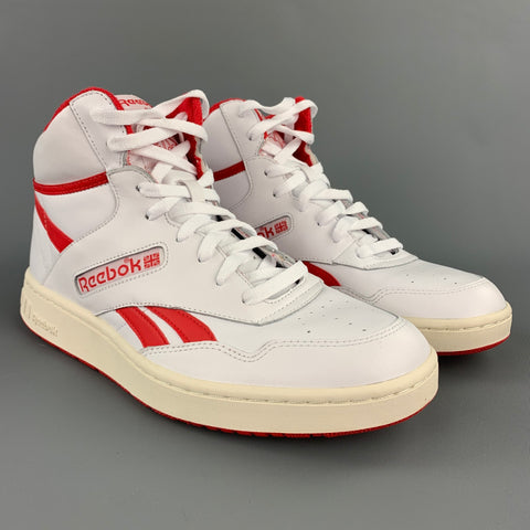 REEBOK Size 10.5 White & Red Leather High Top Sneakers
