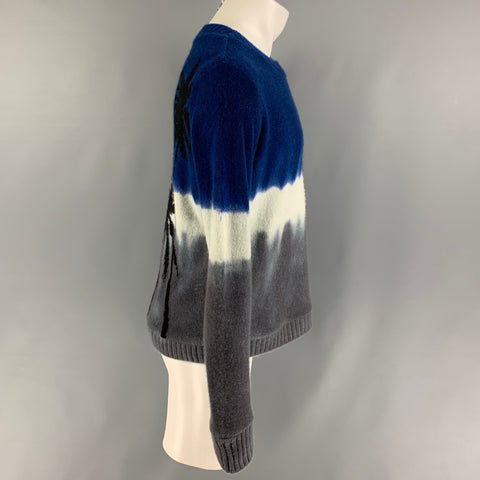 THE ELDER STATESMAN Size S Blue Gray Intarsia Tie Dye Palm Tree Cashmere Crew-Neck Sweater