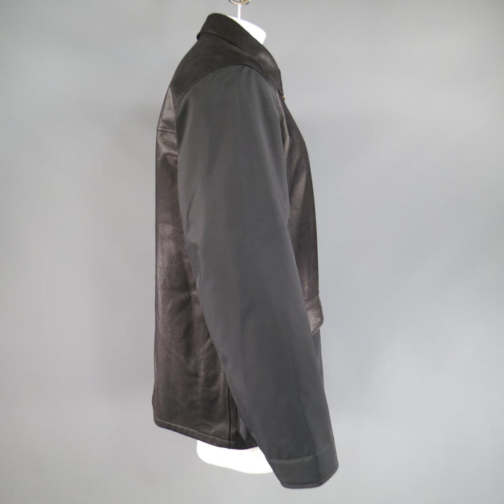 ERMENEGILDO ZEGNA 42 Black Pebbled Leather & Nylon Collared Coat