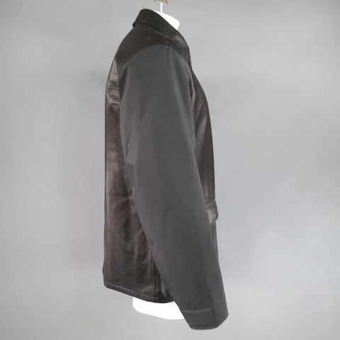 ERMENEGILDO ZEGNA 42 Black Pebbled Leather & Nylon Collared Coat ERMENEGILDO ZEGNA