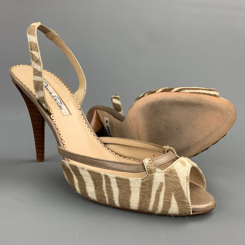 OSCAR DE LA RENTA 8.5 Zapatos de salón con tirantes en la espalda, color blanco roto y gris pardo, cebra, tigre, pelo de poni