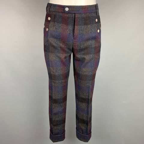 RAF SIMONS Size 32 Charcoal & Navy Plaid Wool Zip Fly Dress Pants