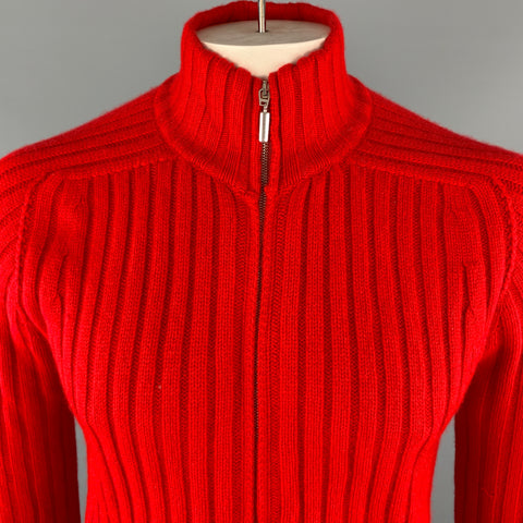 MOSCHINO Talla XL Jersey rojo de cachemir acanalado con cuello alto y bolsillos con cremallera