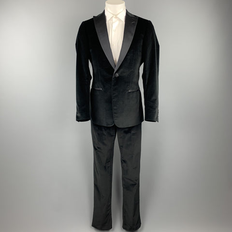 Z ZEGNA Size 40 Regular Black Cotton Velvet Peak Lapel Tuxedo Suit