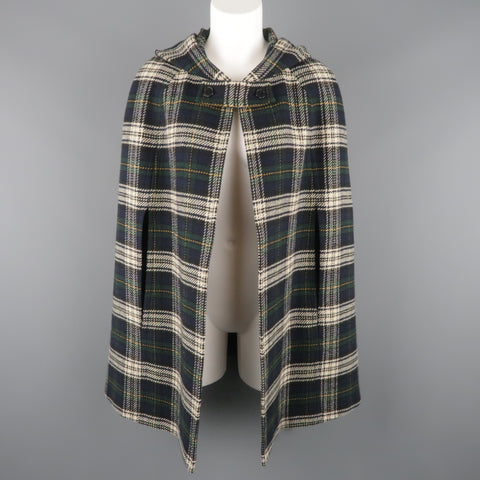 SAINT LAURENT Size 8 Blue & Green Plaid Wool Hooded Cape