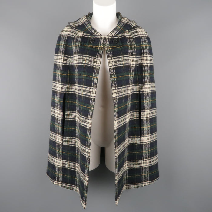 SAINT LAURENT Size 8 Blue & Green Plaid Wool Hooded Cape