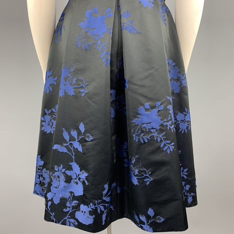OSCAR DE LA RENTA Size 12 Black & Blue Floral Satin Sleeveless Cocktail Dress