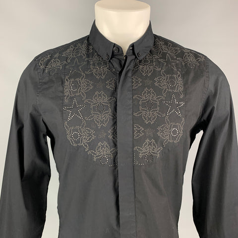 VERSACE JEANS Size S Black Beaded Cotton Hidden Placket Long Sleeve Shirt