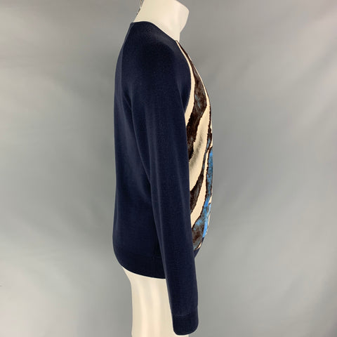 LOUIS VUITTON Spring 2017 by Kim Jones M Navy Brown Animal Print Calf Hair Cotton Collarless Pullover