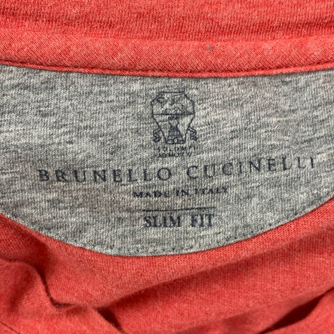 BRUNELLO CUCINELLI Talla S Camiseta de algodón con cuello de pico rojo gris