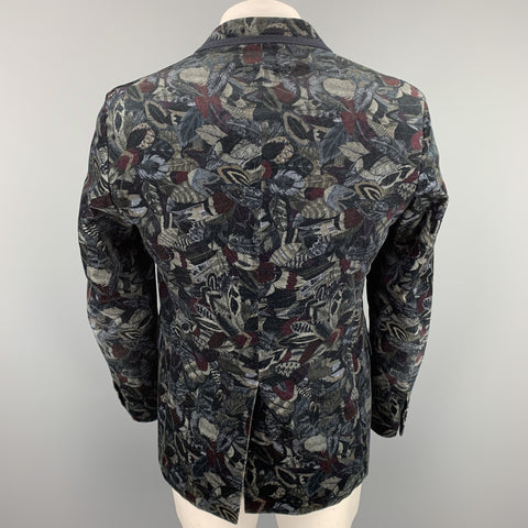 SALVATORE FERRAGAMO Size 42 Black & Grey Feather Print Velvet Sport Coat