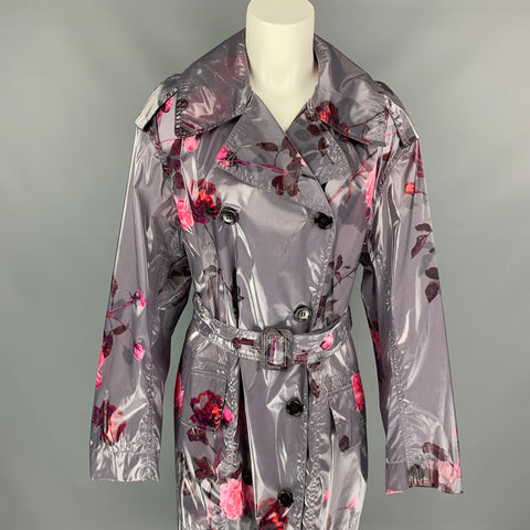DRIES VAN NOTEN Size XS Grey & Pink Floral Polyurethane Bend Belted Trench Coat