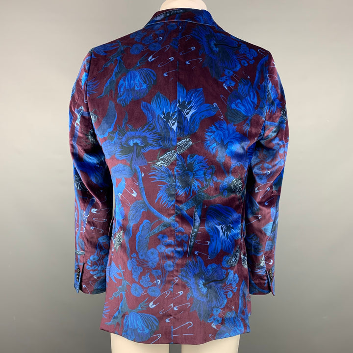 PAUL SMITH Size 40 Burgundy & Blue Print Velvet Notch Lapel Sport Coat