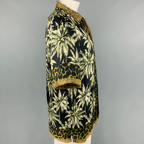 DRIES VAN NOTEN Size XL Black Green Print Viscose Camp Short Sleeve Shirt