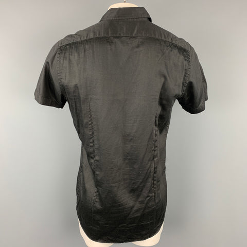 PRADA Size L Black Pleated Cotton Button Up Short Sleeve Shirt