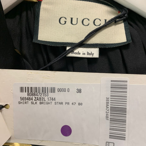 GUCCI Size 2 Black Gold Silk Stars Blouse