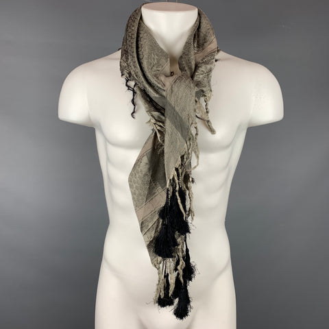 DRIES VAN NOTEN Olive & Taupe Jacquard Silk Tassels Scarf
