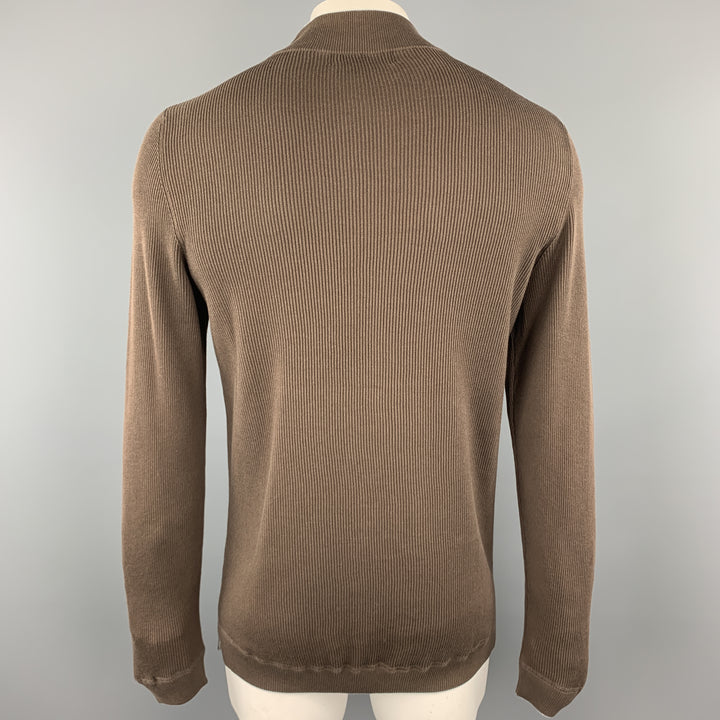 BRUNELLO CUCINELLI Size XL Brown Ribbed Knit Cotton High Mockj Neck Collar Pullover