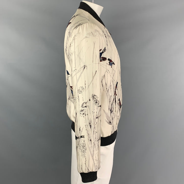 DOLCE & GABBANA Size 44 Beige & Navy Print Silk Zip Up Bomber Jacket
