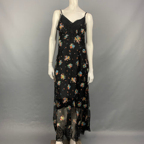 PACO RABANNE Taille 4 Robe longue en soie et dentelle florale noire