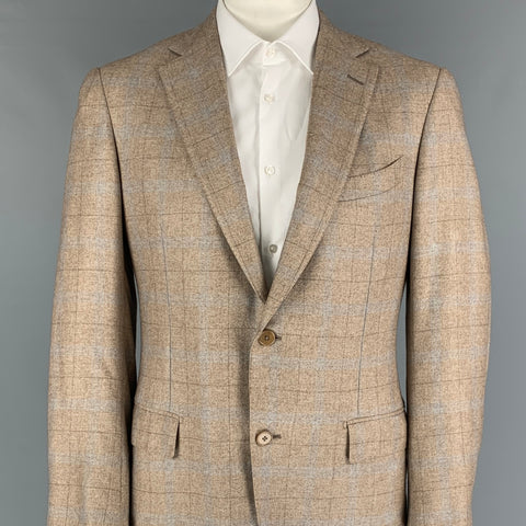 ERMENEGILDO ZEGNA Size 42 Regular Oatmeal Light Grey Plaid Sport Coat