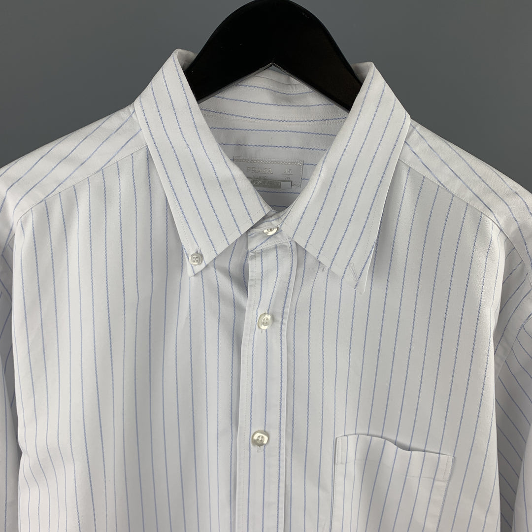 PRADA Talla XL Camisa de manga larga con botones de algodón a rayas blancas y azules