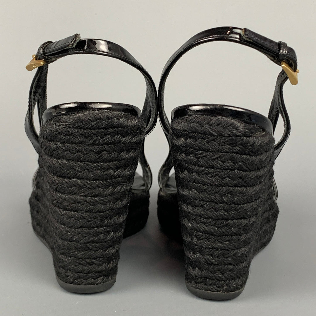 PRADA Size 6 Black Patent Leather Espadrille Wedge Sandals