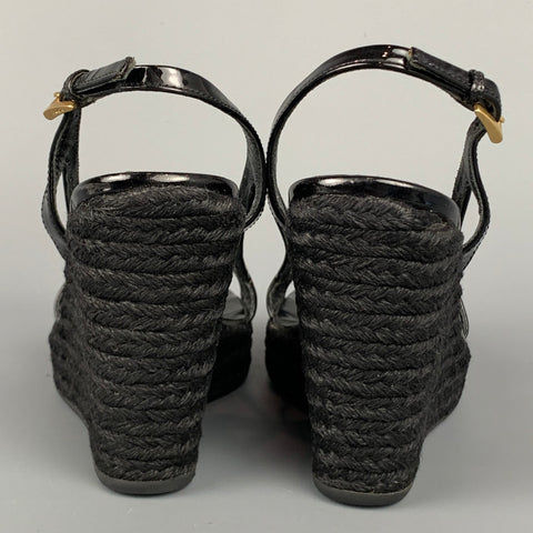 PRADA Talla 6 Sandalias de cuña de alpargata de charol negro
