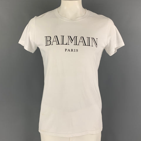 BALMAIN Size L White Logo Cotton  T-shirt