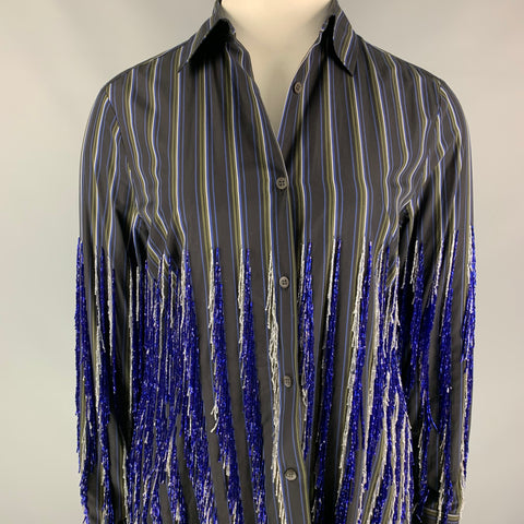 DRIES VAN NOTEN SS 19 Size L Navy & Grey Cotton Stripe Beaded Shirt
